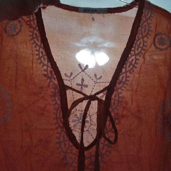 Mur Mur Sheer Embroidered Tunic Size M Orange and White V Neck with Tie - Picture 7 of 10